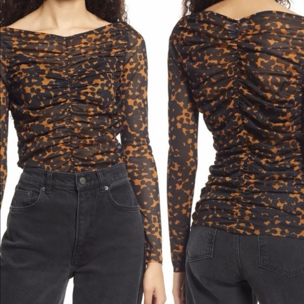 Nordstrom by Cristina Martinez Ruched Sheer Animal Print Top XL